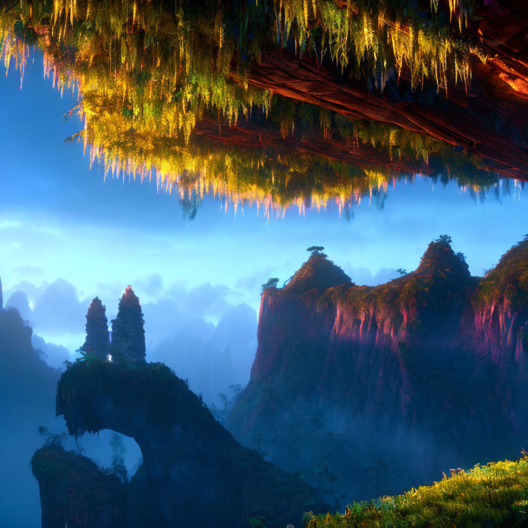 Floating Islands and Misty Cliffs in a Magical Landscape