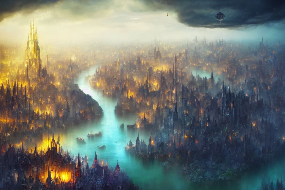 Fantastical cityscape with glowing river, tall spires, dense buildings, and airship