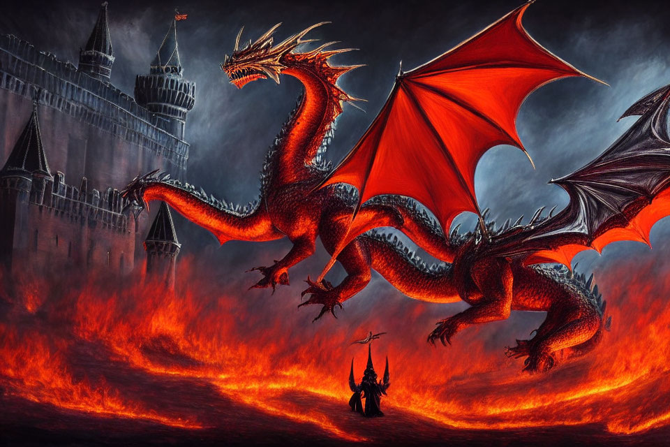 Majestic dragon in volcanic landscape with castle and lone figure
