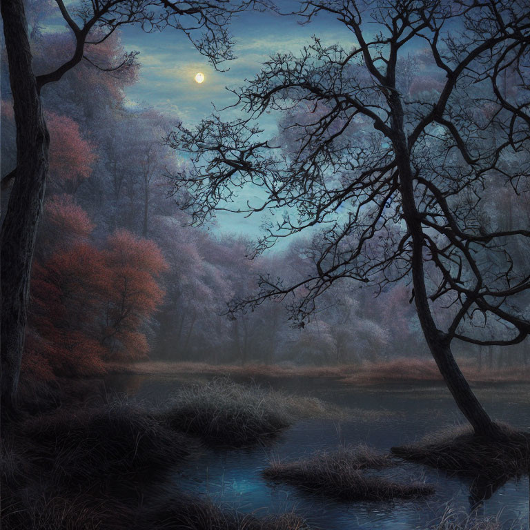 Moonlit night scene with bare trees and calm pond in autumn.