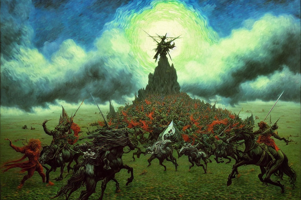 Chaotic cavalry charge in fantasy battle under green sky.