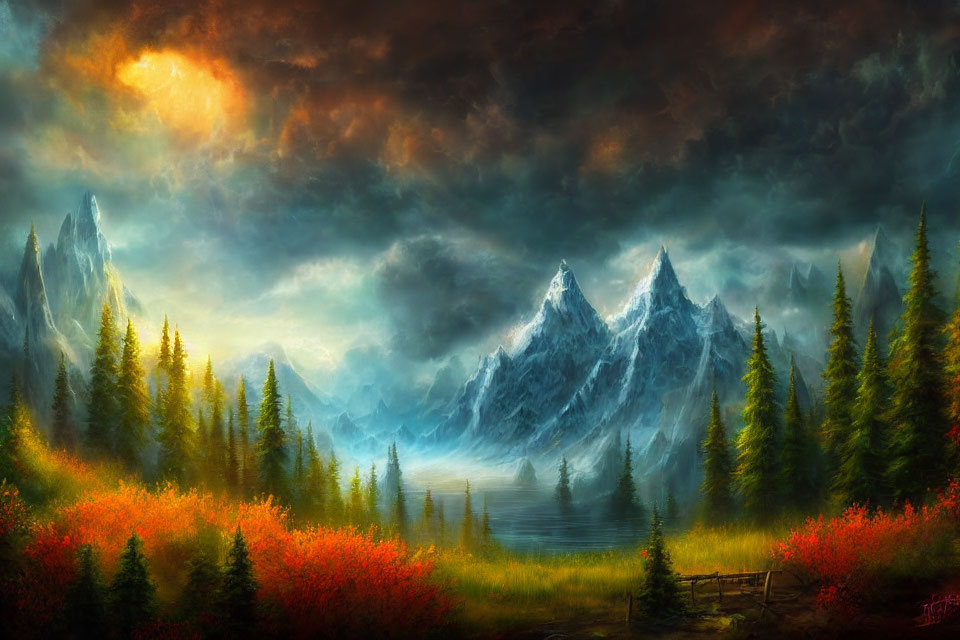 Snow-Capped Mountains, Fiery Sky, Autumn Forest, Serene Lake