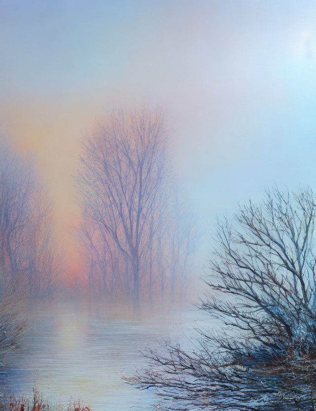 Tranquil riverside landscape with bare trees reflecting on water at dawn