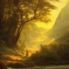 Enchanting forest path with ancient trees and golden light