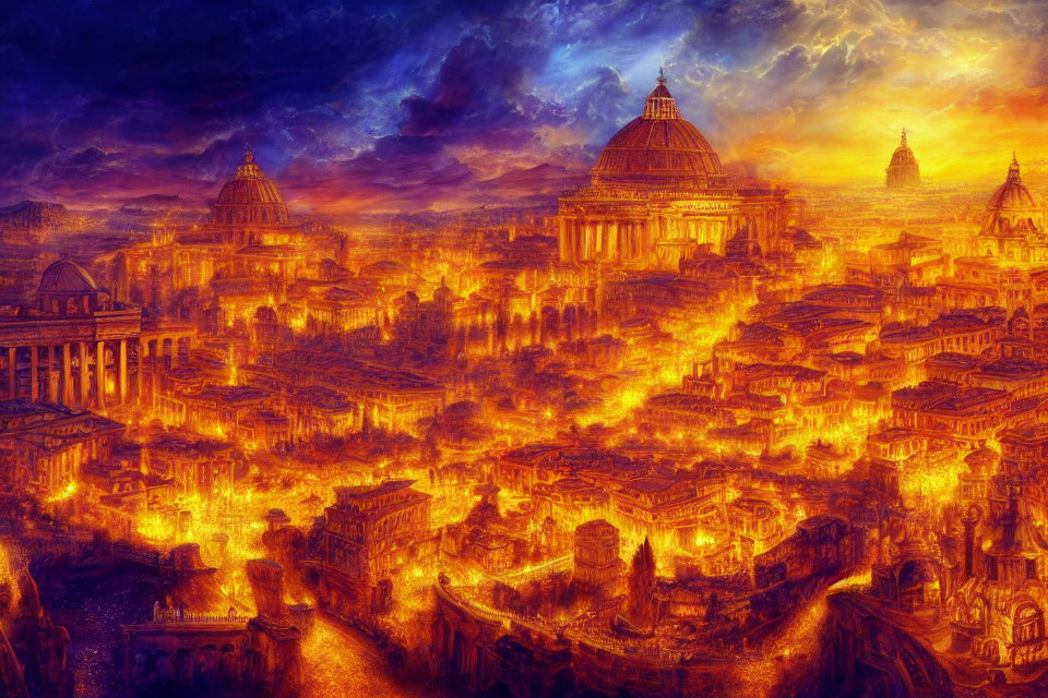 Ancient city with fiery domes and buildings in golden flames