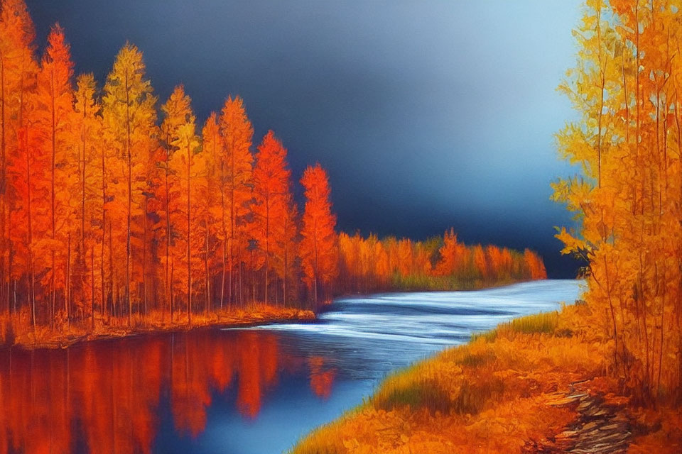 Autumn Trees Reflecting in Blue River Under Stormy Skies