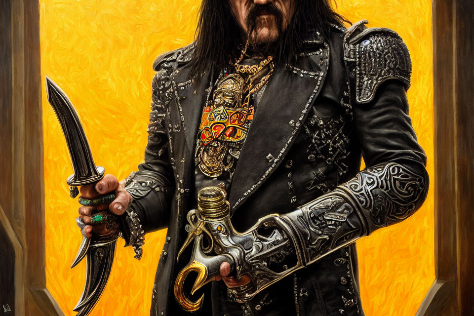 Detailed Artwork: Man in Black Armor with Knife and Pistol on Yellow Background