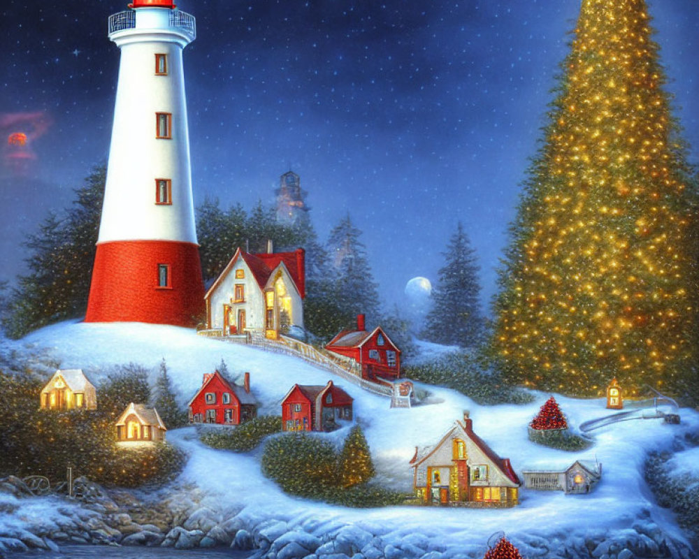 Snowy Winter Landscape with Red and White Lighthouse and Christmas Lights