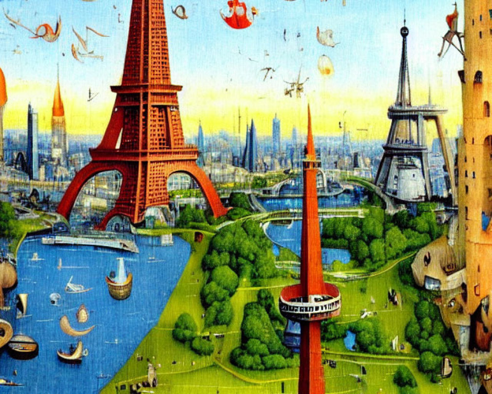 Vivid surreal Paris scene with multiple Eiffel Towers