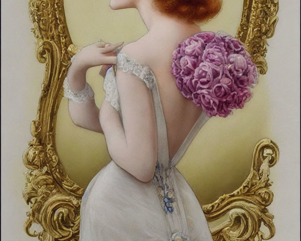 Vintage illustration of elegant woman with auburn hair gazing into golden mirror in white dress with blue