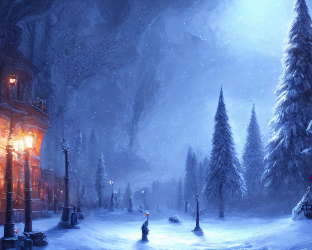 Snowy Evening Scene: Moonlit Forest, Street Lamps, and Buildings