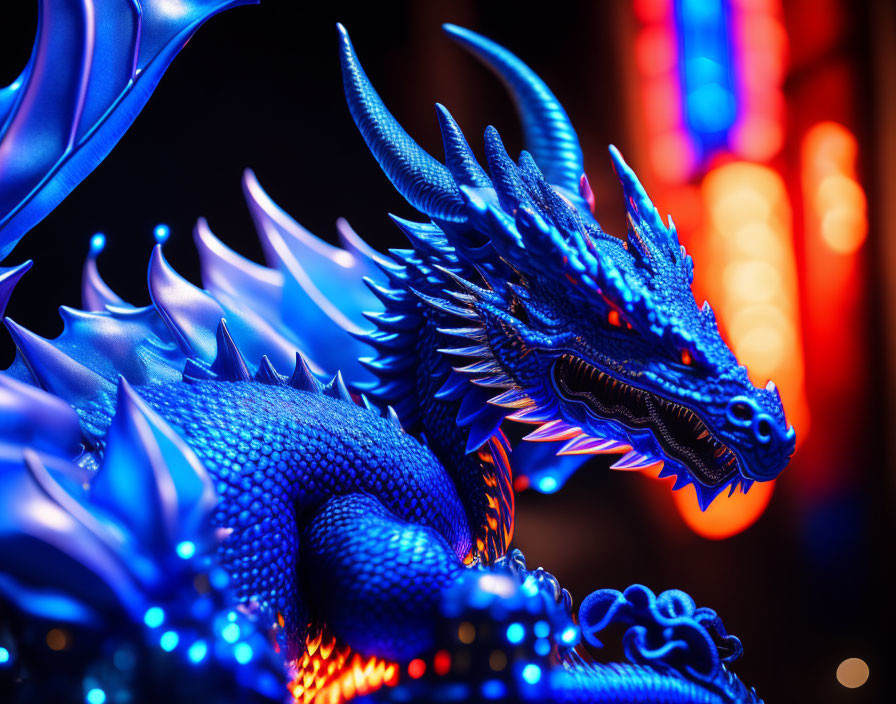 blue fire dragon in the city