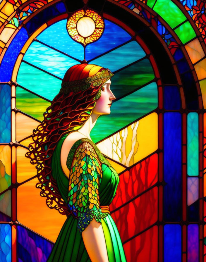 Colorful Stained Glass Artwork of Woman in Profile with Flowing Hair