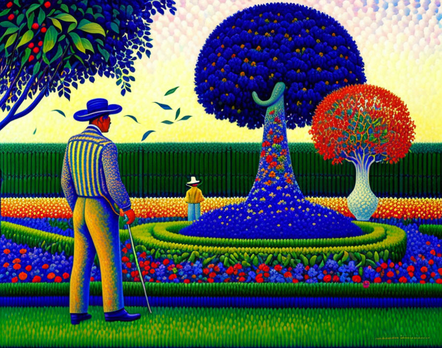 Colorful garden painting with man in striped suit, pond, hedges, and patterned trees.
