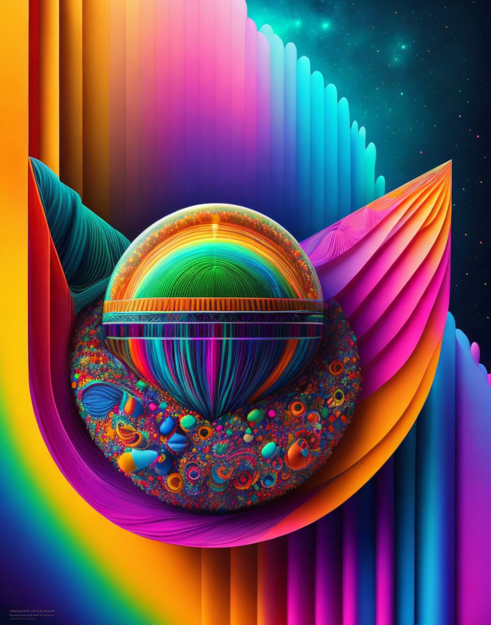 Colorful Digital Artwork: Central Sphere with Intricate Patterns
