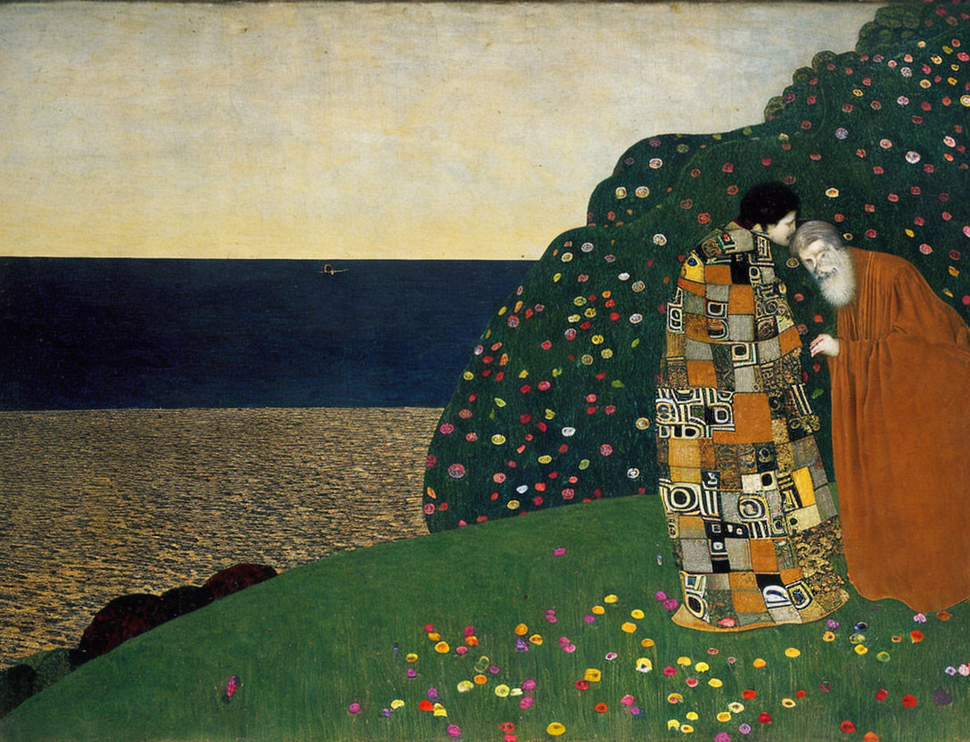 Embracing couple on floral hillside by calm sea at sunset