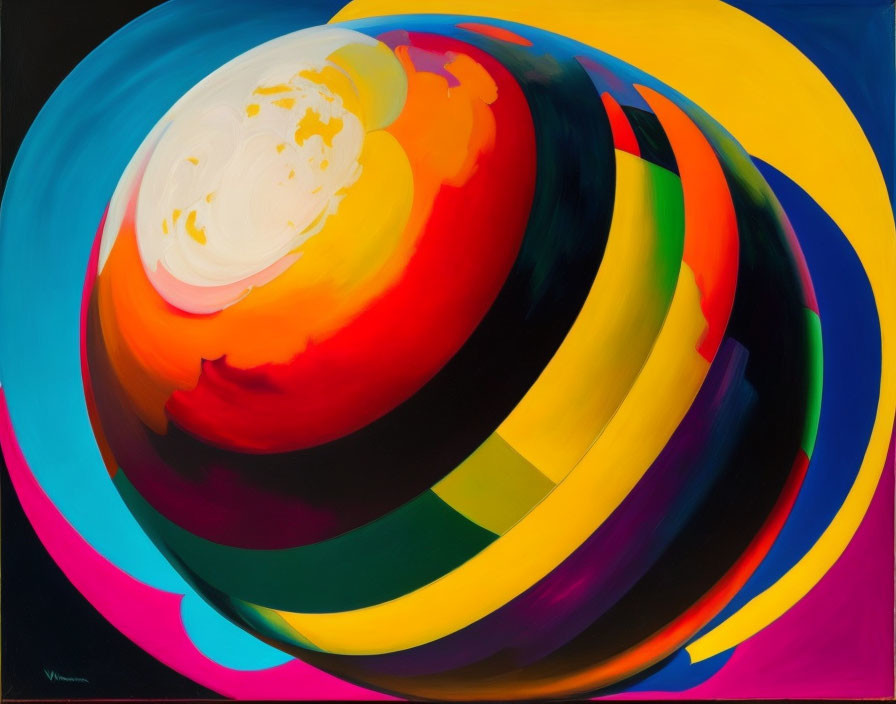 Vivid Abstract Painting: Swirling Bright Colors in Spherical Shape