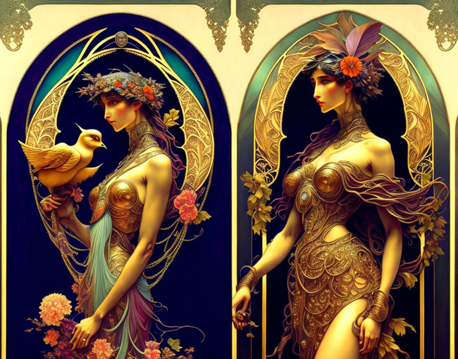 Art Nouveau-inspired portraits of women with ornate attire and floral hairstyles.