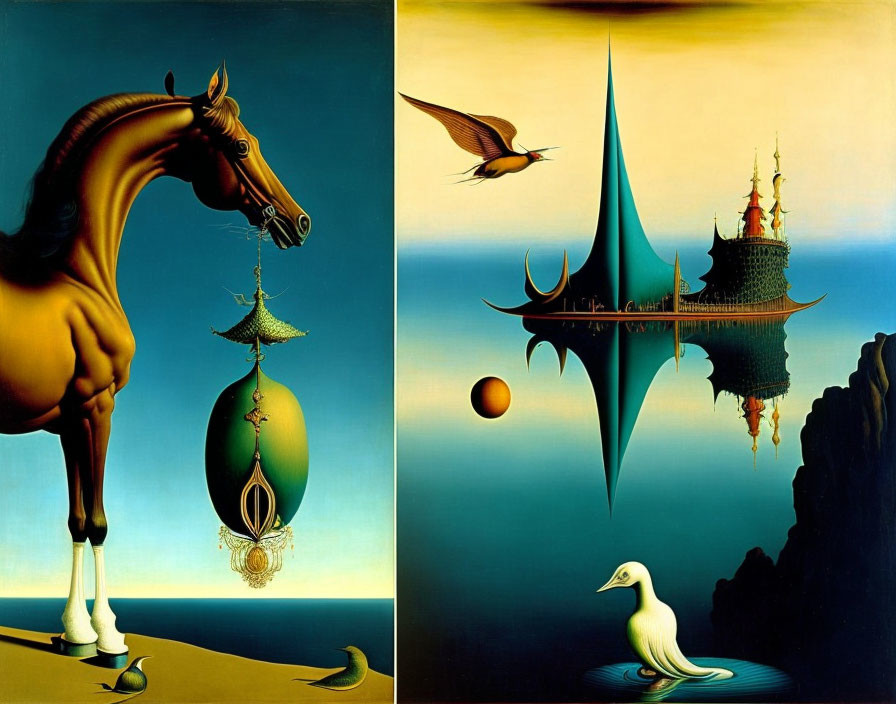 Surreal quadriptych with elongated horse, bird with branch, futuristic towers, and