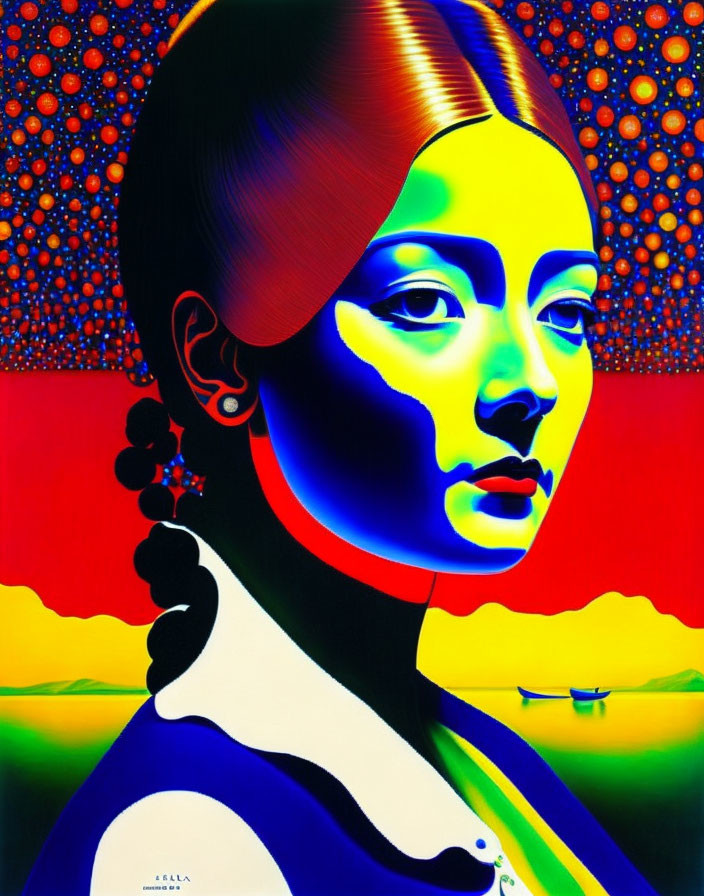 Colorful Psychedelic Portrait of Woman with Red, Blue, and Yellow Hues