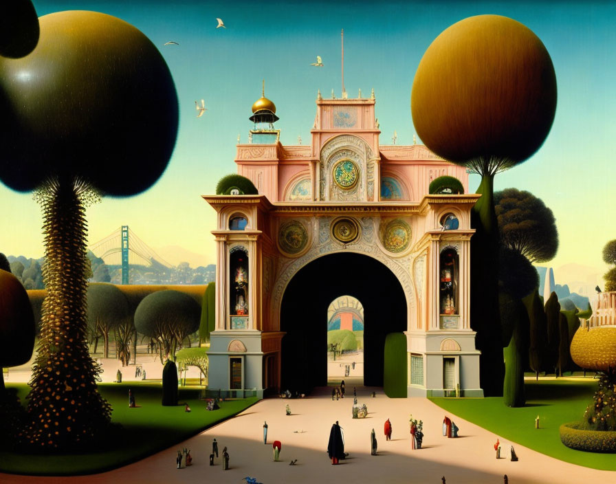Colorful surreal painting with ornate archway, exaggerated flora, miniature figures, and floating orbs