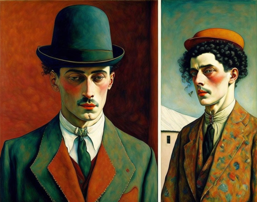 Stylized portraits of men with exaggerated features in bowler and flat caps