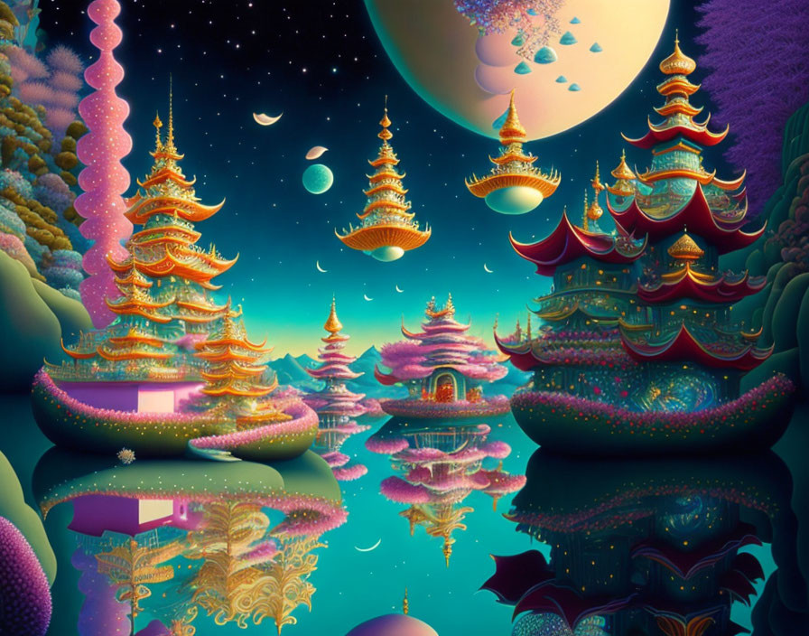 Fantastical landscape with glowing pagodas, serene water, multiple moons under starry sky