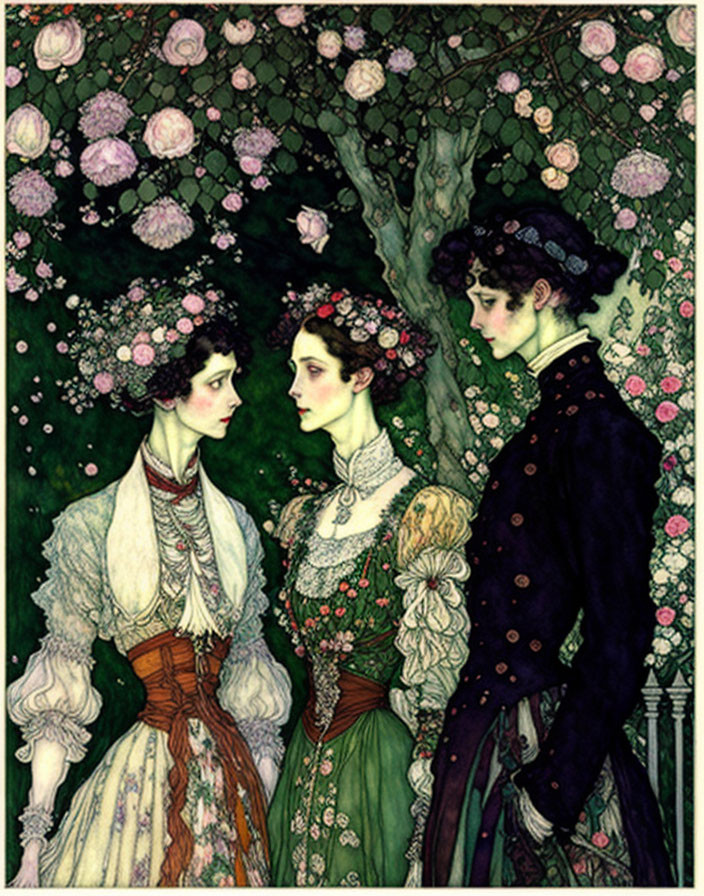 Elegantly dressed women in deep conversation under blossoming tree