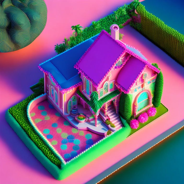 Colorful Neon-Lit House Diorama with Palm Trees