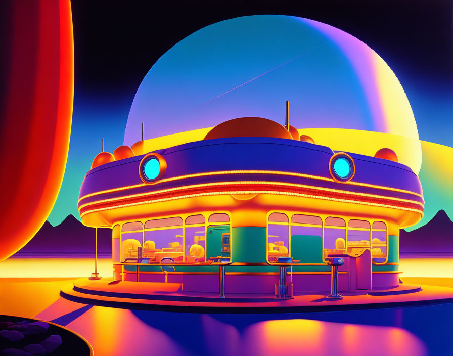 Retro-futuristic diner with neon lights in alien landscape