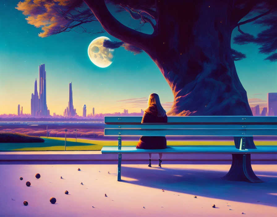 Person sitting on park bench under tree, looking at large moon over futuristic cityscape at twilight