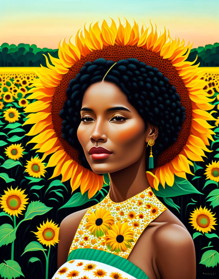 Dark-haired woman in sunflower dress standing by sunflowers