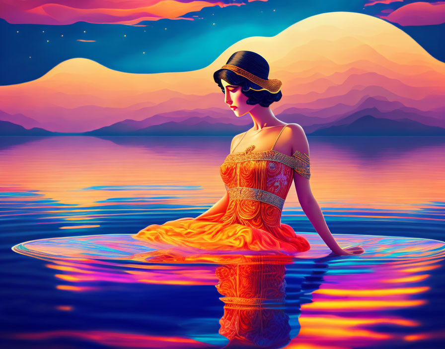 Illustration of woman in orange dress by tranquil lake with mountains and clouds