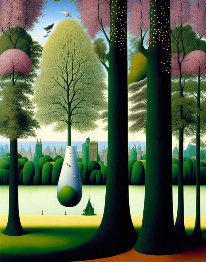 Vibrant stylized painting of exaggerated trees with tear-shaped enclosure in fantastical green landscape