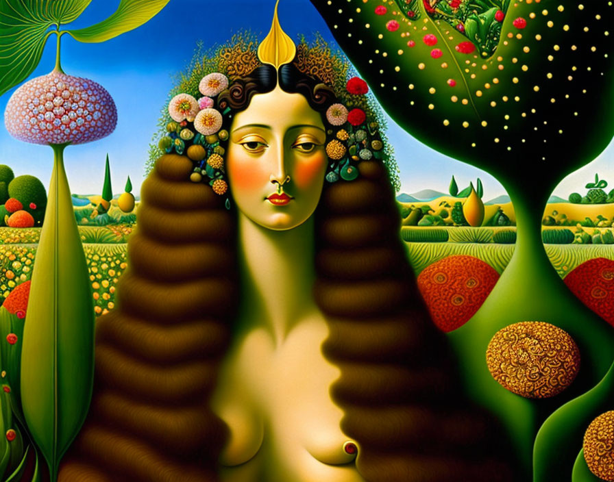 Colorful painting of woman with nature headdress in botanical landscape