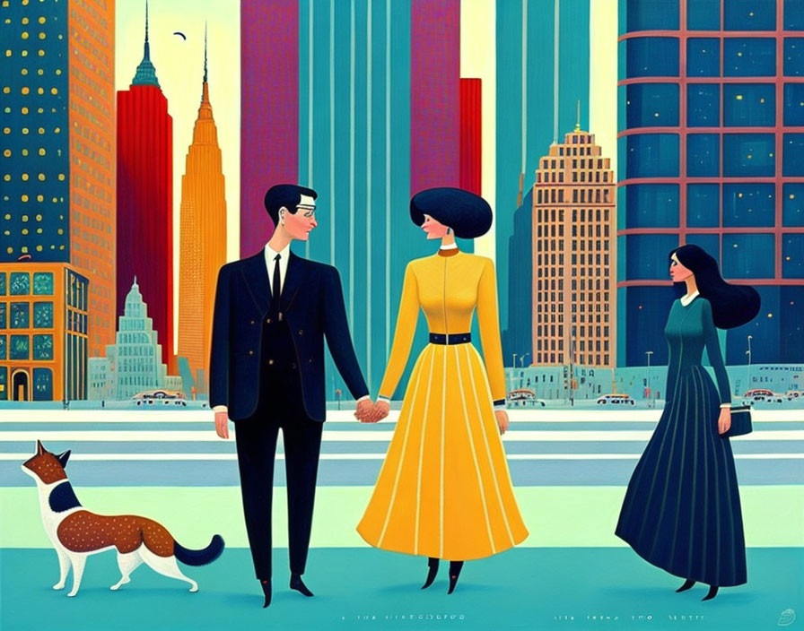 Vibrant cityscape illustration with three people and a dog