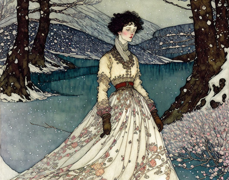 Illustrated woman in white gown by wintry river and snow-covered trees with pink flowers