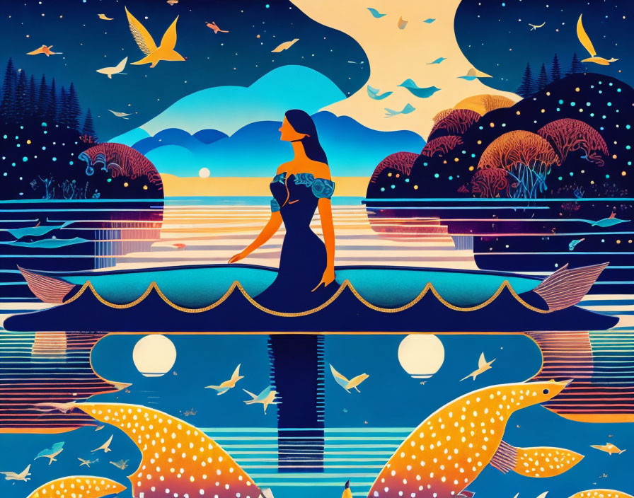 Stylized illustration of woman on boat with fish and birds in starry night.