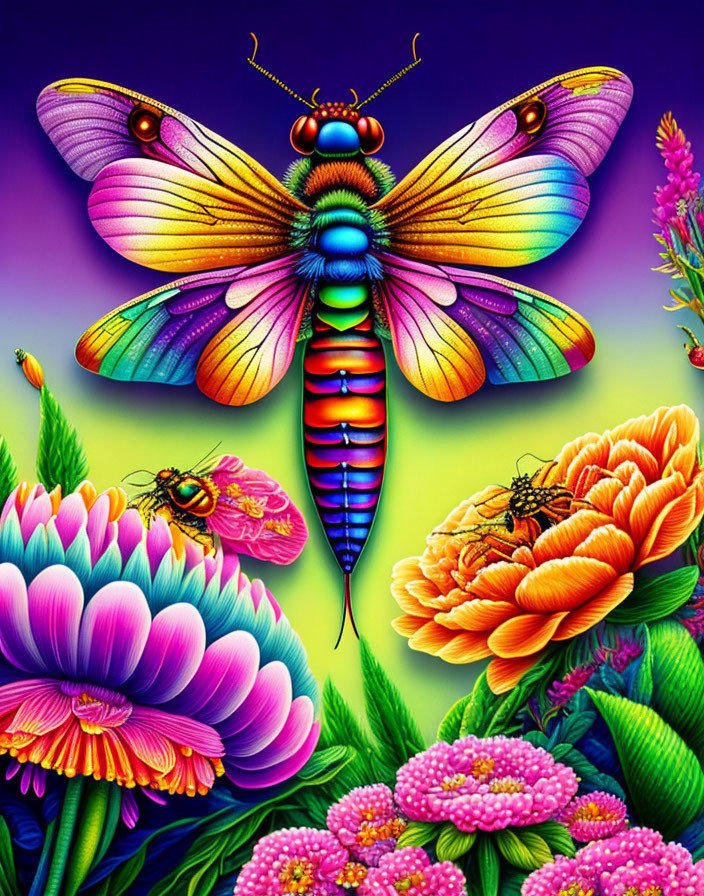 Colorful Butterfly Artwork with Flowers and Insects on Purple Background