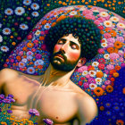 Colorful painting of shirtless man surrounded by flowers and cosmic patterns