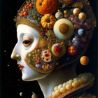 Surreal portrait featuring woman's face with fruits and stars for a cosmic atmosphere