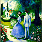Colorful painting of man and woman in formal attire with whimsical elements and lush vegetation.