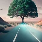 Surreal image of road to giant tree with brain canopy in desert landscape