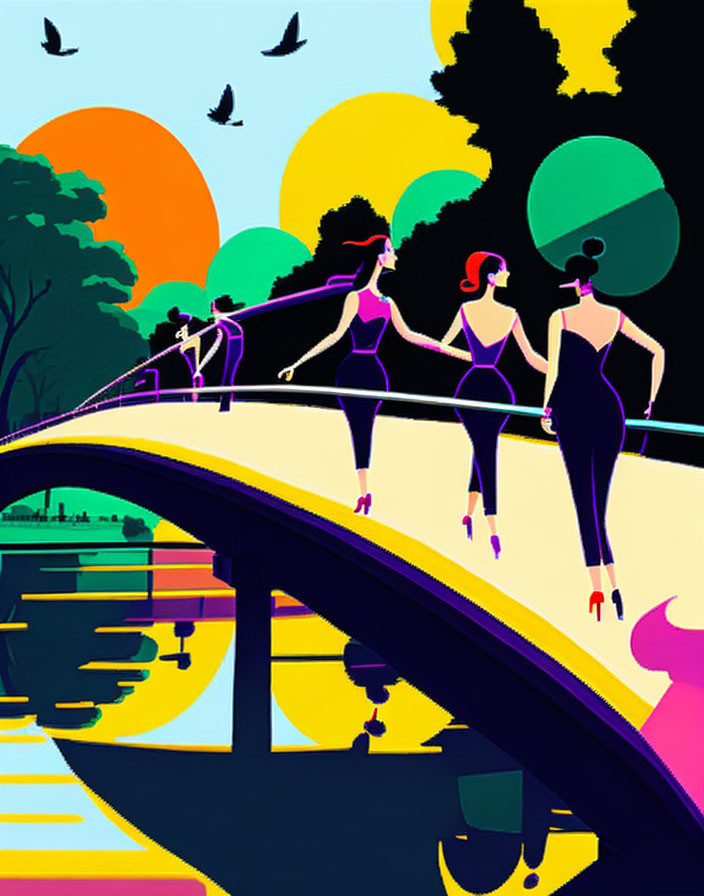 Stylized women on curved bridge in colorful park at sunset