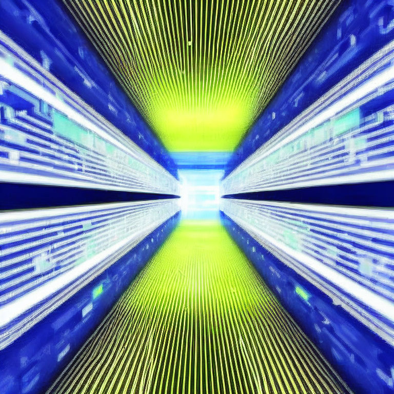 Abstract digital cyberspace with motion blur effect and blue-green light beams.