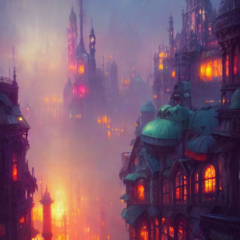 Mystical cityscape at dusk with illuminated buildings under hazy purple sky