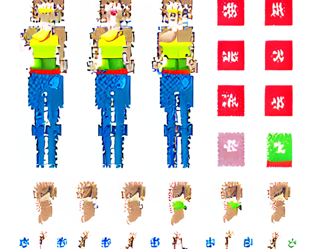 Pixelated character sprite sheet with walk cycles, jumping, and idle animations