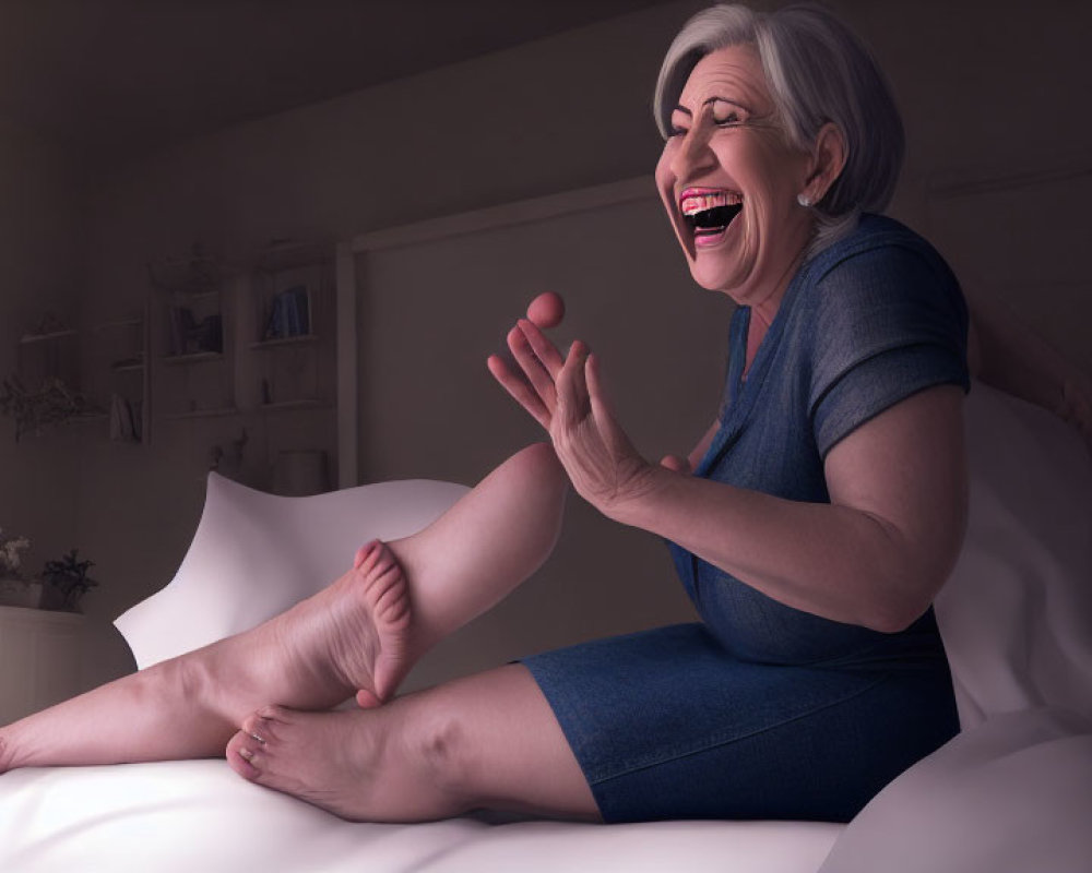 Elderly woman laughing on bed with peach ball and personal items