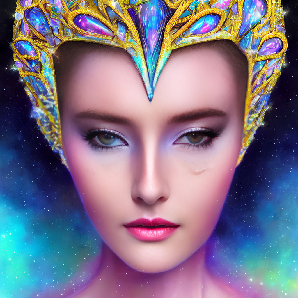 Close-up of woman with golden jewel-encrusted crown against cosmic backdrop