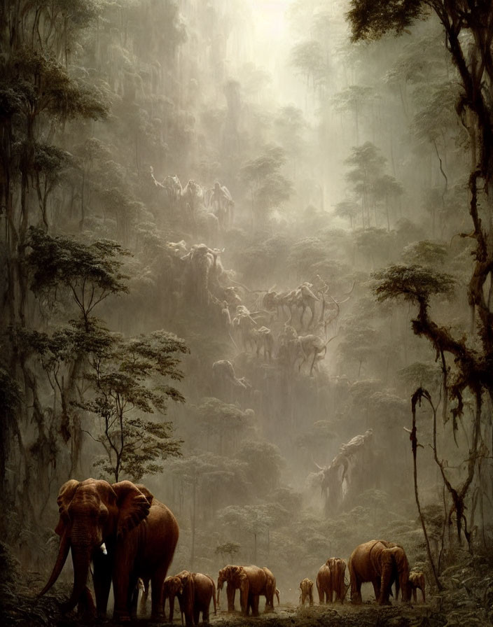 Elephants in Misty Forest with Towering Trees and Mountainous Backdrop